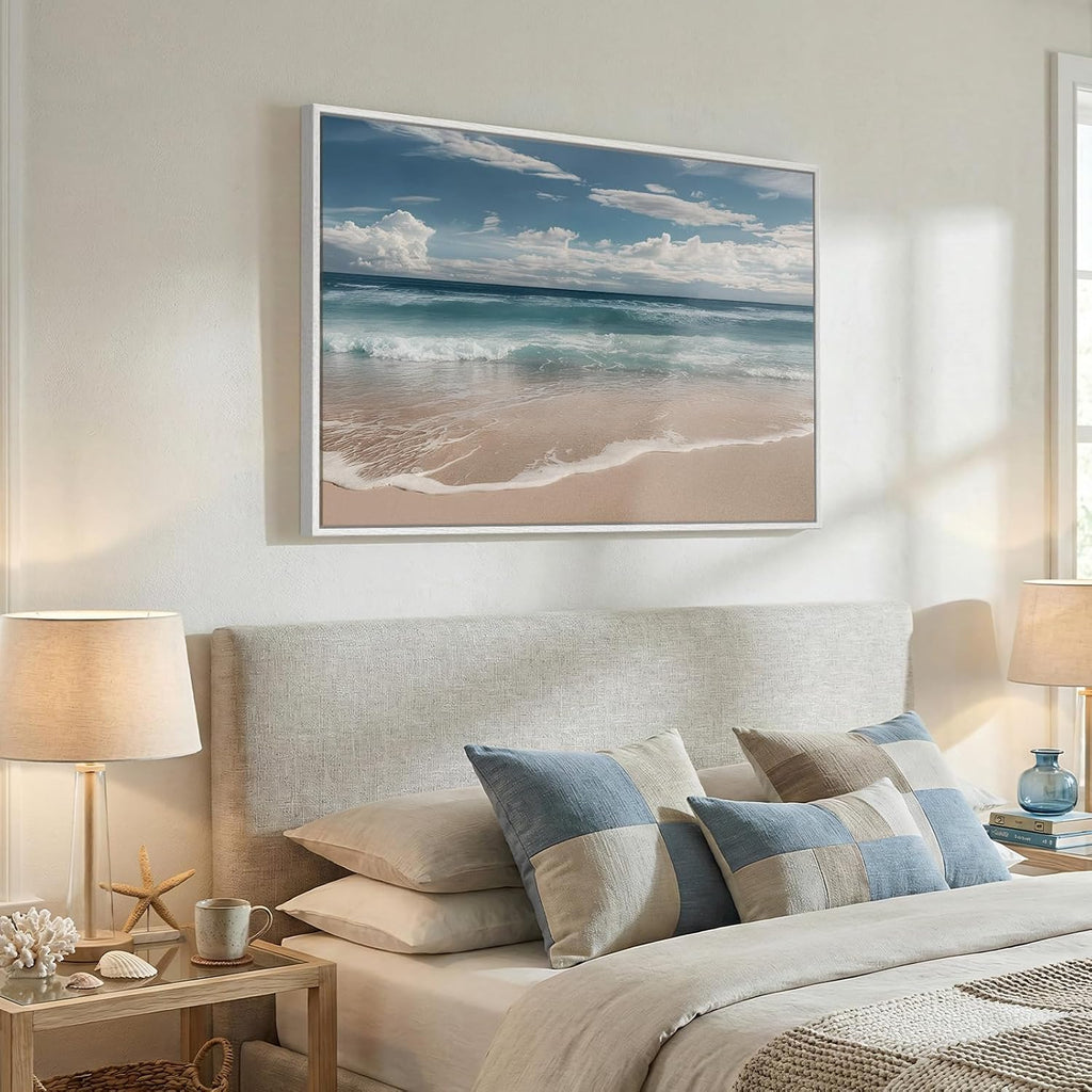 Framed Coastal Beach Wall Art for Room Decor, Blue Ocean Seascape Canvas Artwork for Walls, Nature Nautical Cozy