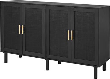 4 Door Sideboard Buffet Cabinet, Kitchen Storage Buffet with Black Painted Rattan Decorated Doors