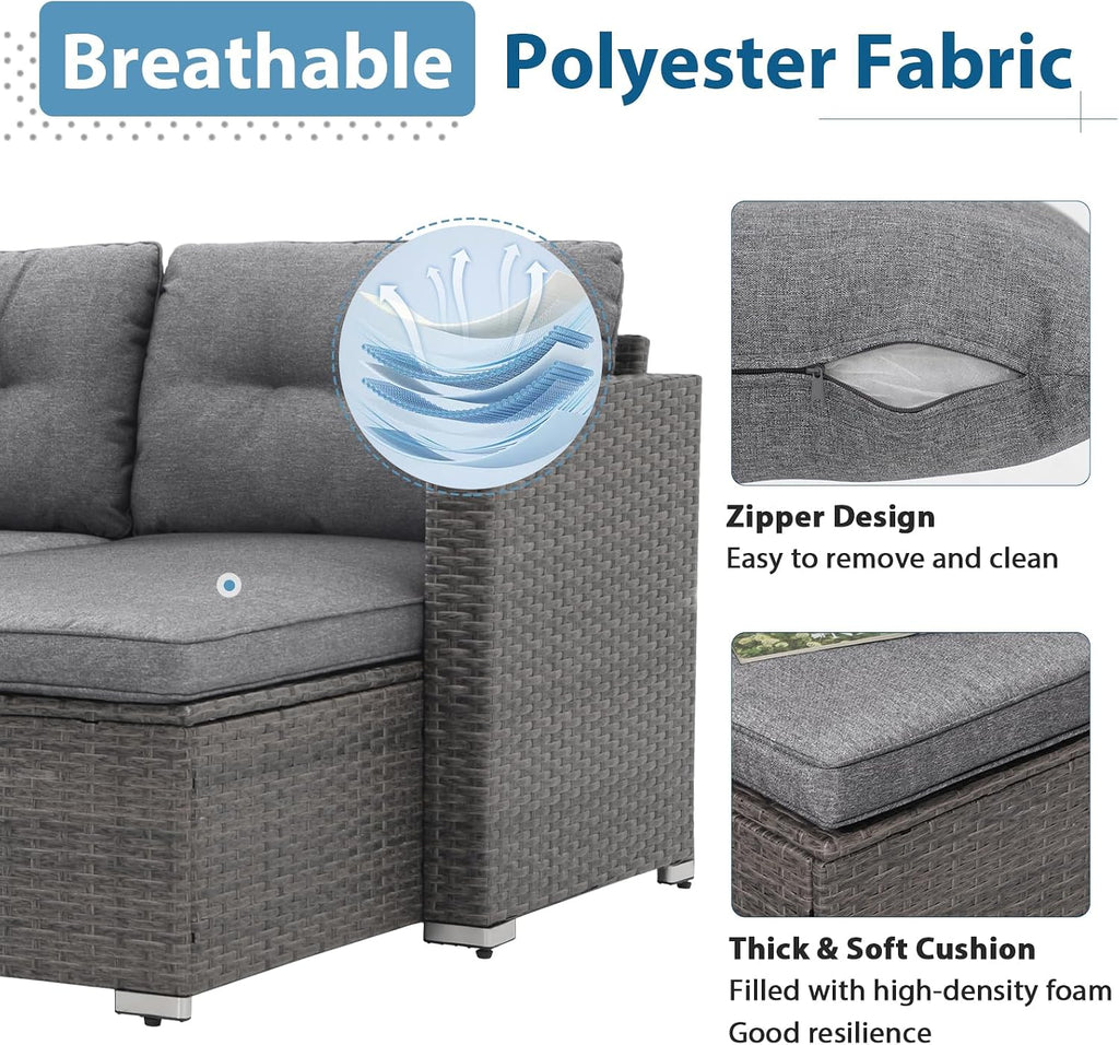 3-Piece Patio Furniture Set, Outdoor Wicker Rattan Sectional Sofa & Patio Couch with Cushions
