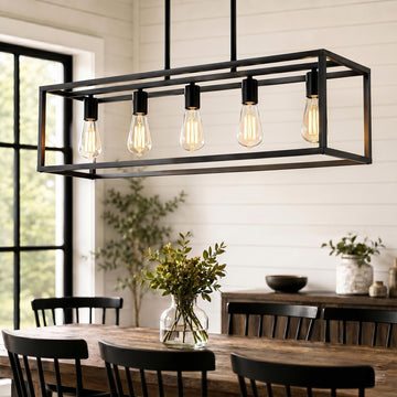 Black Farmhouse Kitchen Island Lighting, Modern Industrial Chandelier, 5-Light Linear Rectangular Pendant Light