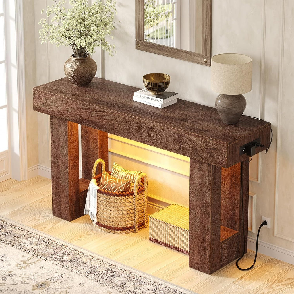 47" Entryway Table with Socket and Sensor Light, Narrow Console Table with Storage Behind Couch, Farmhouse Entry Way
