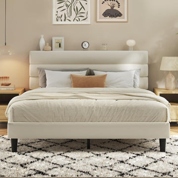 Queen Bed Frame, Platform Bed Frame with Velvet Upholstered Headboard, No Box Spring Needed, Sturdy Metal Support