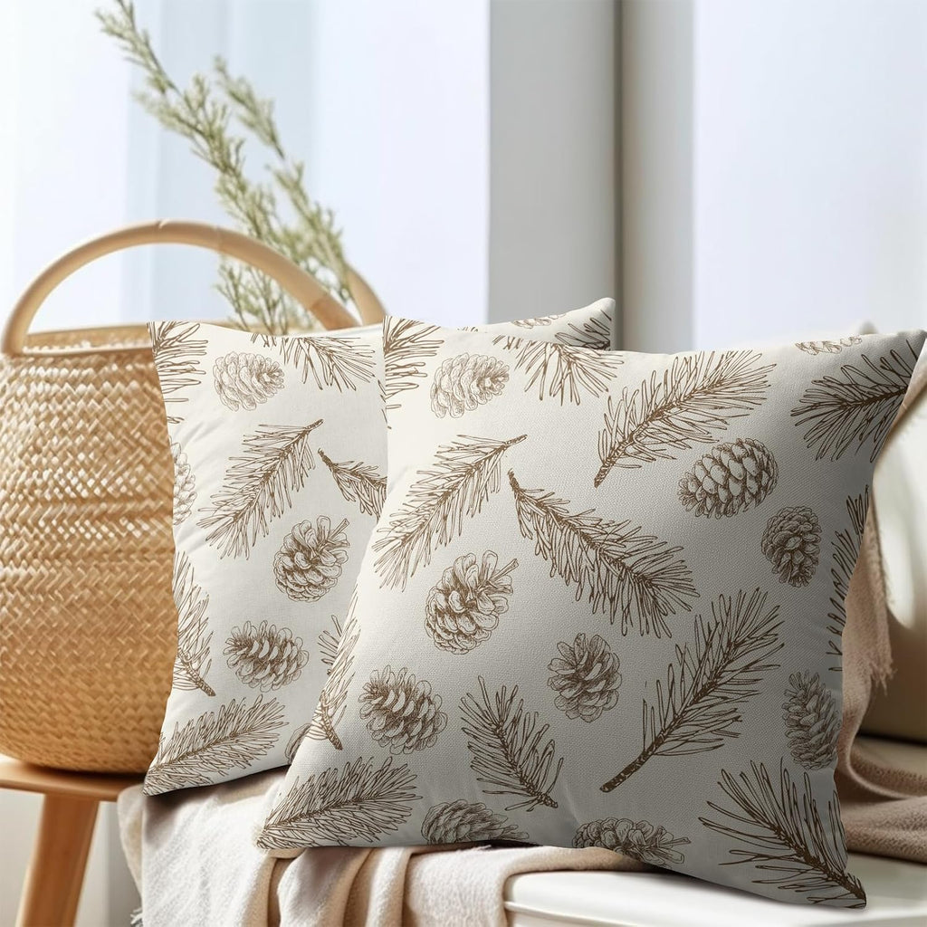 Winter Pinecone Pillow Covers 18 x 18 Inch Christmas Pine Cone Pattern Decoration Pillow Case Pine Needle - Set of 2