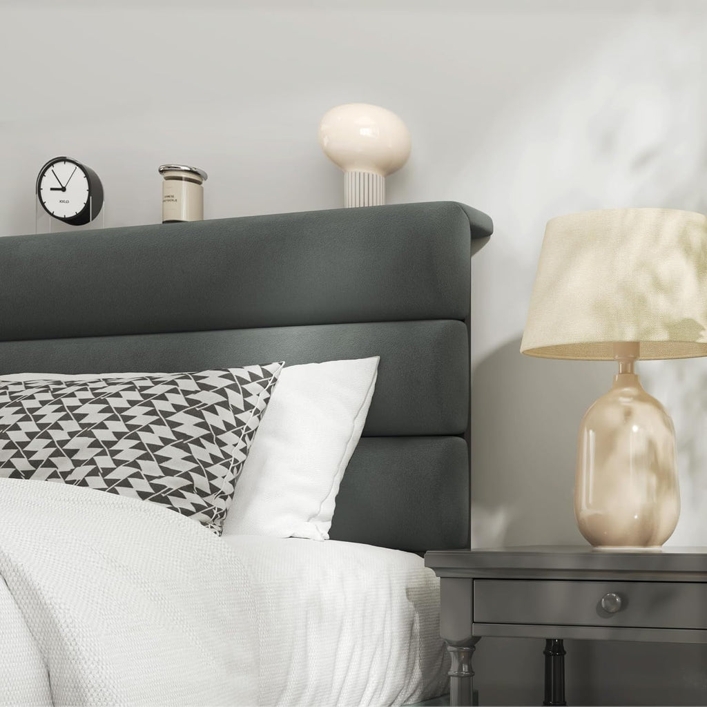 Queen Bed Frame, Platform Bed Frame with Velvet Upholstered Headboard, No Box Spring Needed, Sturdy Metal Support