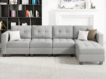 Light Grey L Shape 5-Seat Modular Sectional Sofa with Storage, Reversible Chaise, Adjustable Backrest, Cotton &