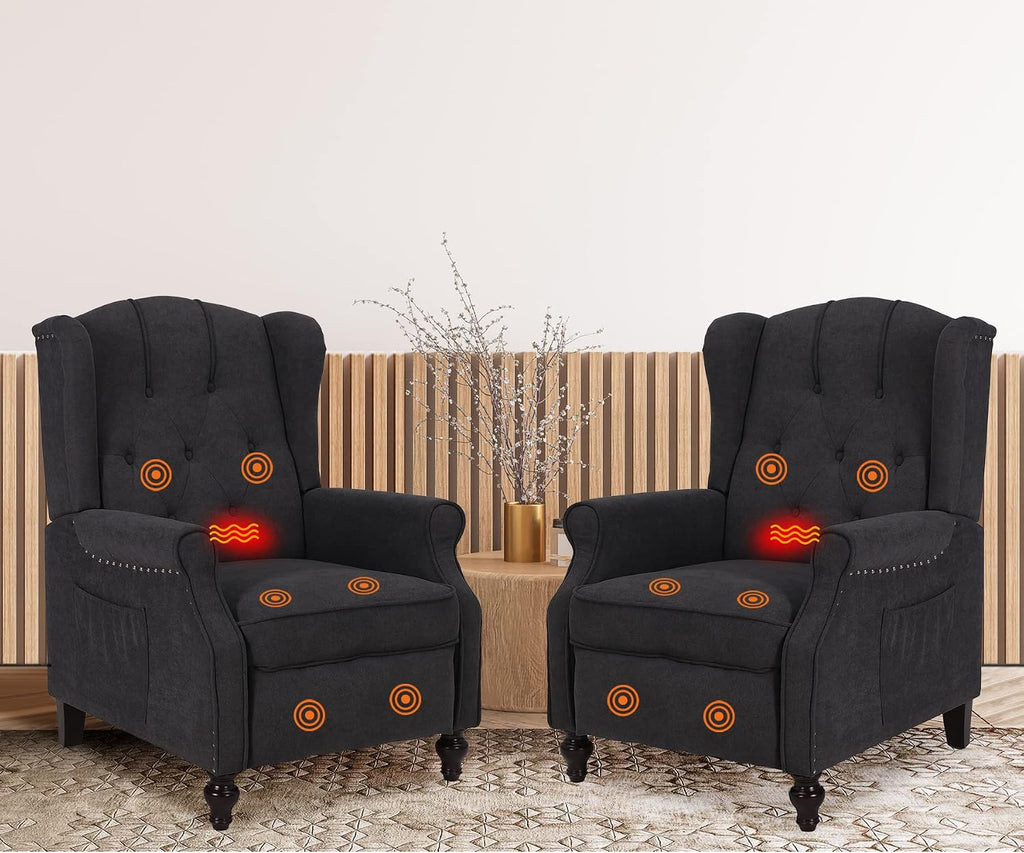 Wingback Recliner Chair with Massage & Heat, Mid Century Push Back Accent Chairs with Tufted Back, Nailhead Trim &