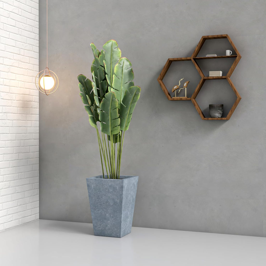 Serene Mid-Century Modern Fiberstone and Clay Planter - Tapered Square Plant Pot with Drainage Holes for Indoor and