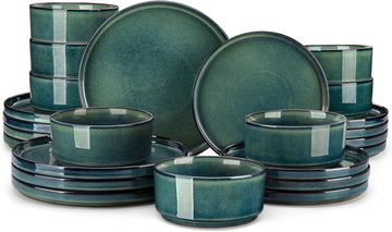 Starry Plates and Bowls Sets for 8, 24 Pieces Green Dinnerware SetsModern Stoneware Dishes Set