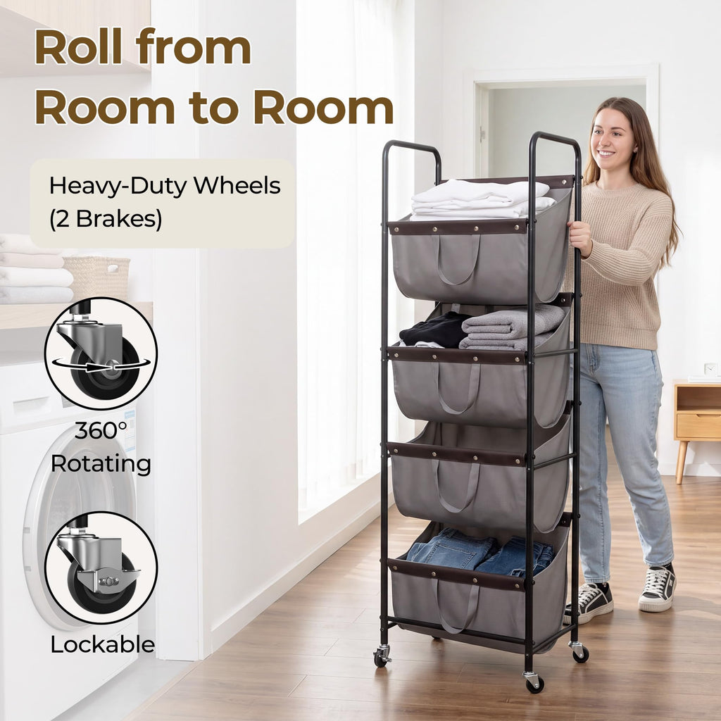 4 Tier Laundry Hamper with Wheels and Removable Bags, Grey