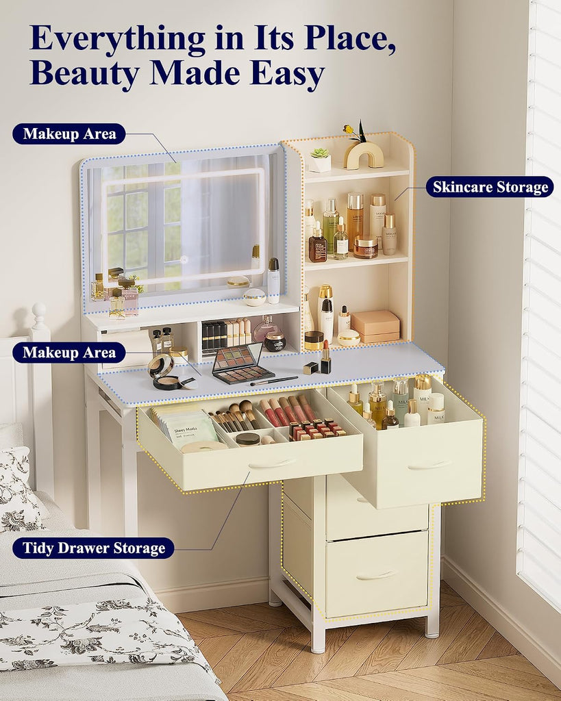 Vanity Desk with Mirror and Lights, Large Capacity, Fabric Drawers | Bedroom, Teens & Women, 3 Light Modes, 4 Fabric