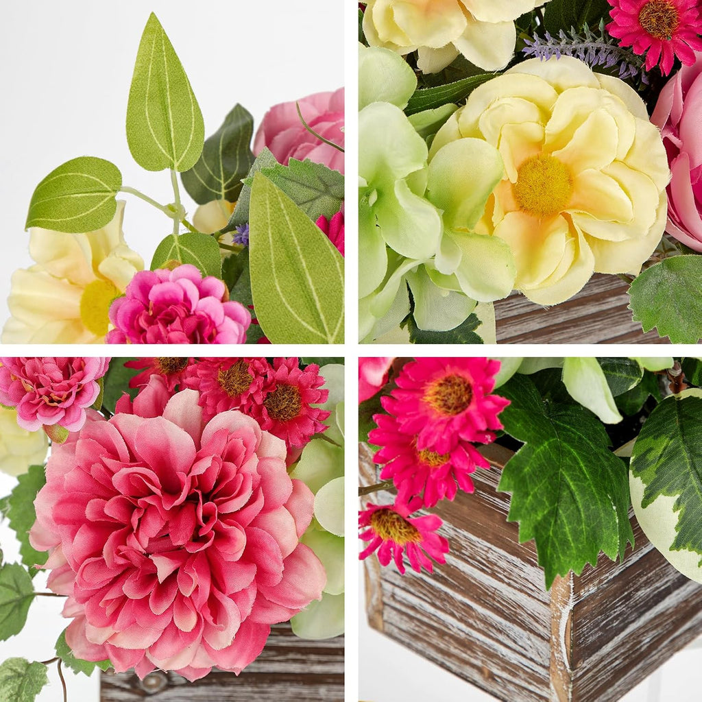 Spring Faux Floral Table Centerpiece with Rustic Wooden Planter Box, Artificial Flower Arrangement with Silk Dahlias