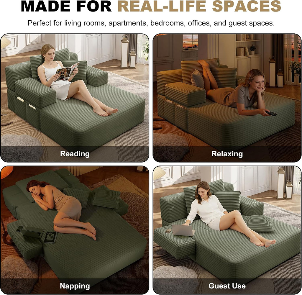 60.2" Oversized Chaise Lounge Chair, Boneless Corduroy Cloud Couch, Deep Seat Convertible Sofa Bed with 3 Pillows