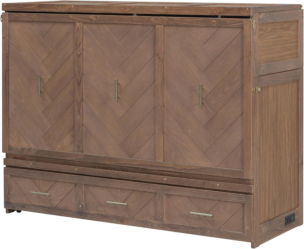 Queen Murphy Bed with Charging Station and Storage, Farmhouse Murphy Bed with Foldable Panel for Guest Bedroom