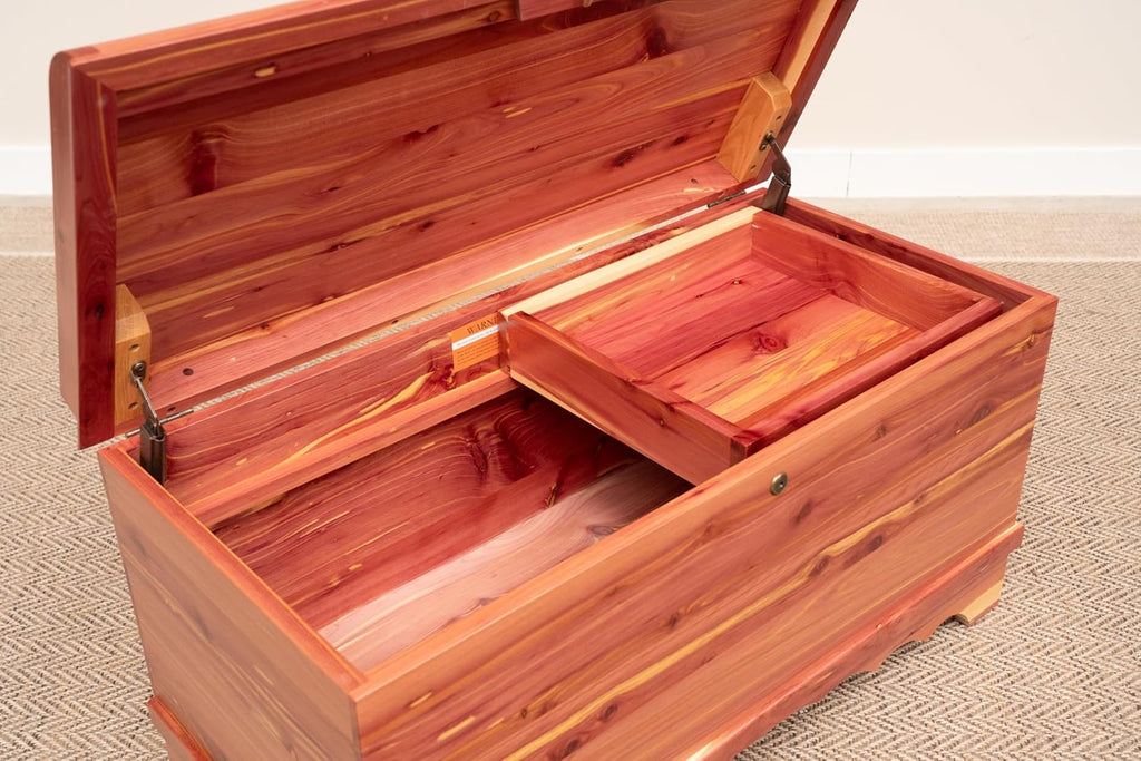 Cedar Hope Chest with Waterfall Top and Tray, Amish Made Wooden Storage Trunk Box , Blanket, Clothes, Anti-Slam