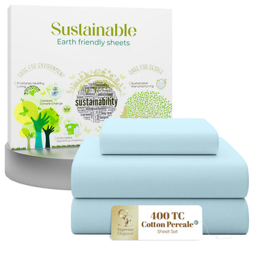 Twin Size Cotton Sheets Set, Sky Blue Crisp Percale Weave