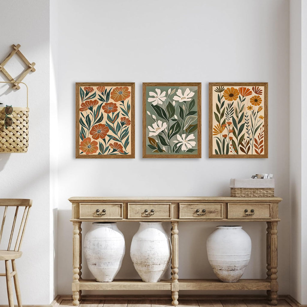 3 Piece Abstract Boho Floral Canvas Wall Art, Green Beige Flower Market Wall Decor, Minimalist Colorful Botanica
