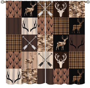 Vintage Bear Deer Window Curtains, Western Farm Country Lodge Wildlife Hunting Topics Vintage Bedroom Living Room