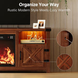 LED Fireplace TV Stand for TVs up to 65+ Inches, Farmhouse Media Console with Mood Lighting, Open Shelf and Hidden Cable Management, Walnut