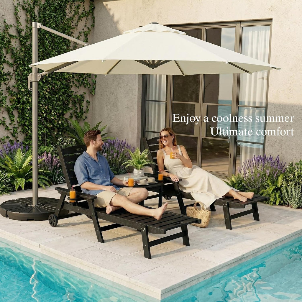 HDPE Pool Lounge Chairs Set of 2 with Wheels & Cup Holder, 6-Position Adjustable Outdoor Lounge Chair, Easy 20-Min