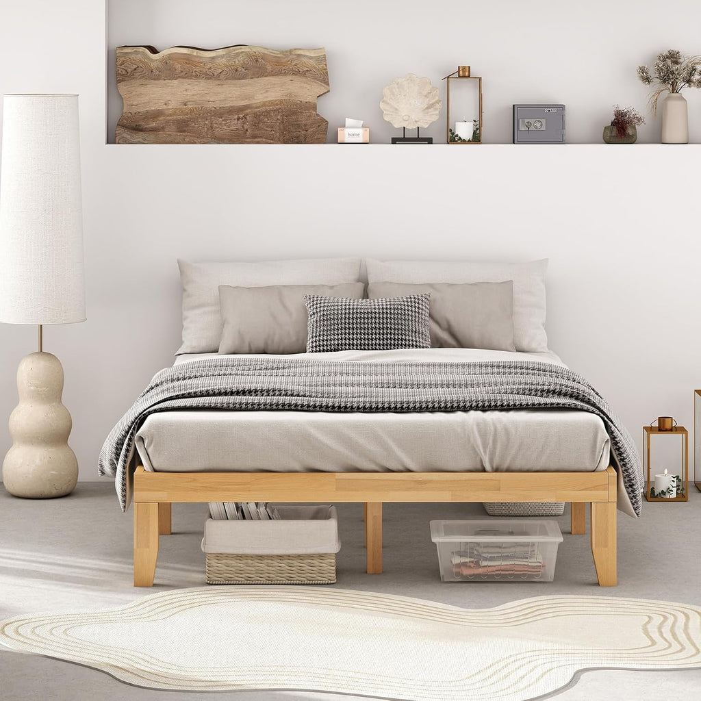 14 Inches Wood Platform Bed Frame Queen, Wooden Mattress Foundation with Rubber Wood Frame, Strong Wooden Slats