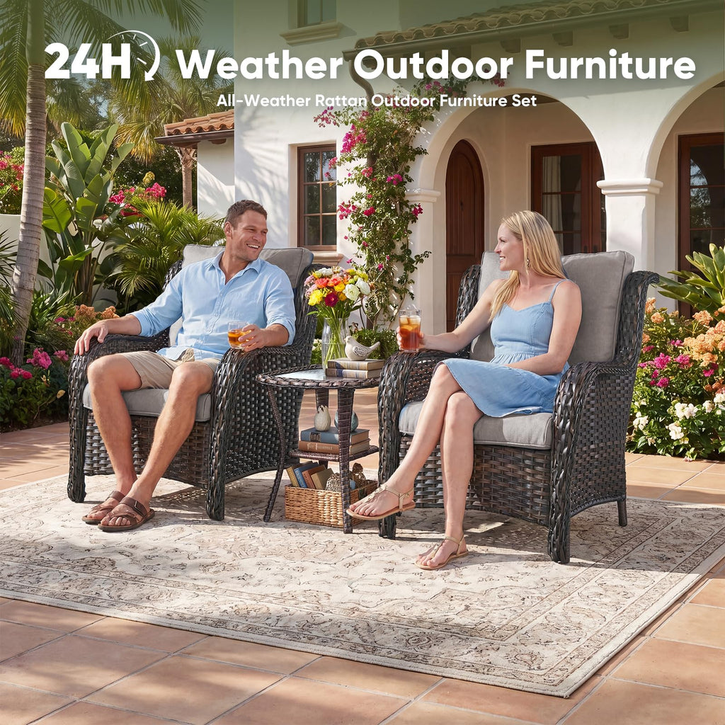 Patio Bistro Set Wicker Chairs, 3 Piece Outdoor Rattan Conversation Set with 2 Armrest Chair and 1 Side Table for