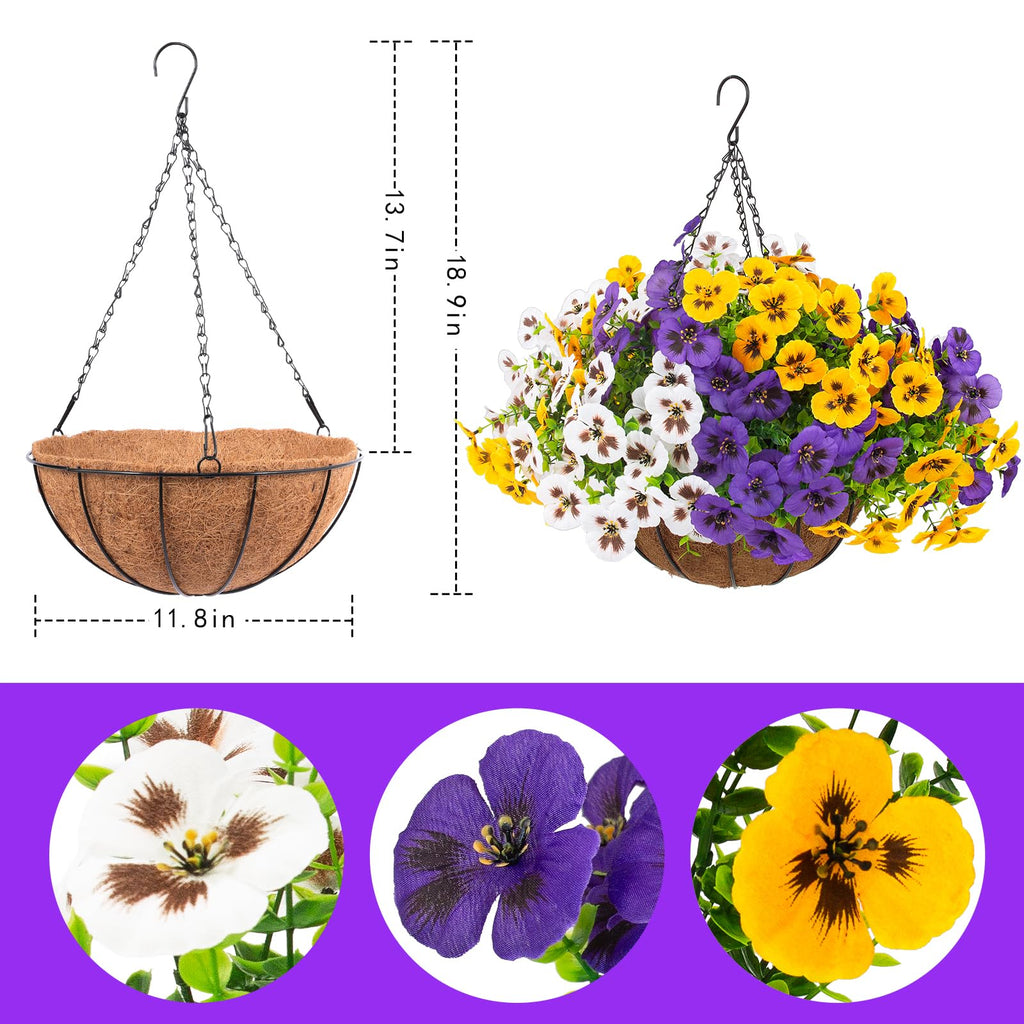 2 Sets Artificial Hanging Pansy Flowers with Baskets, 24 Pcs UV Resistant Faux Silk Pansy Outdoor Hanging Flower for