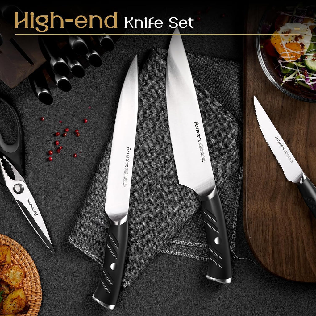 Knife Set, Kitchen Knives Set with Block and Dual Sharpener Full Tang 15 Pcs German Stainless Steel Knives Sharp