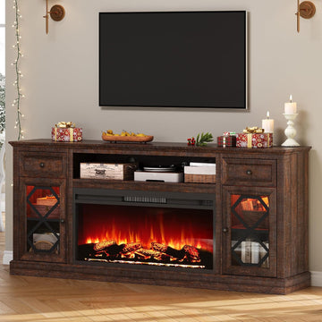 Farmhouse 70" Fireplace TV Stand with 37" Electric Fireplace, Large LED Entertainment Center with Storage for 80"