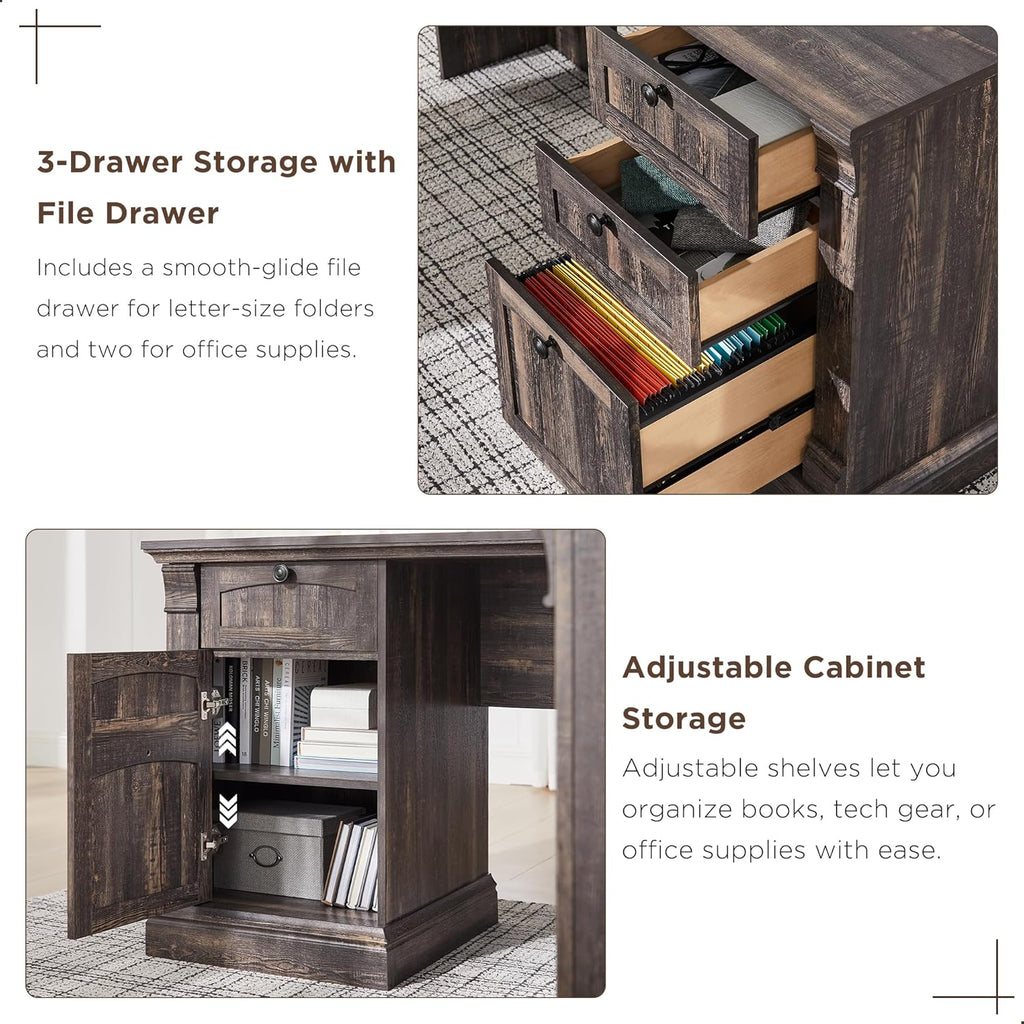 60" L Shaped Executive Desk with Hutch and Drawers, Farmhouse Home Office Desk with Charging Station