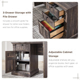 60" L Shaped Executive Desk with Hutch and Drawers, Farmhouse Home Office Desk with Charging Station