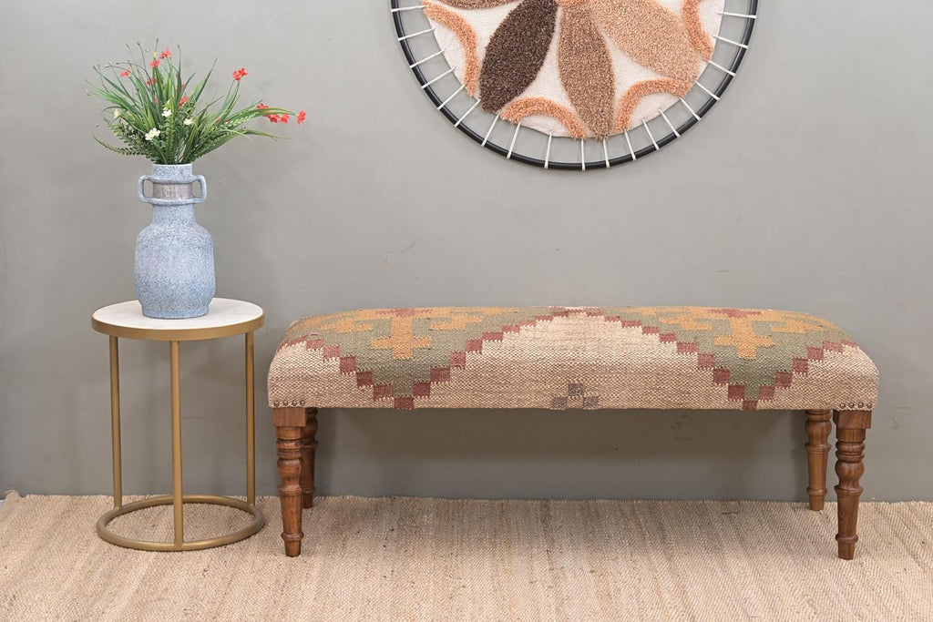 Acacia Wood Kilim Pattern Jute Fabric Decorative Upholstered Bench | Wooden Ottoman with Turned KD Legs , End of Bed