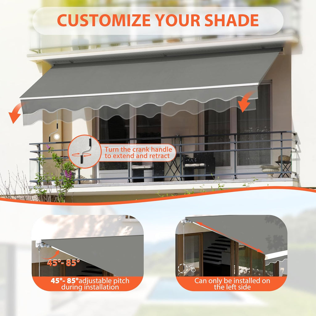 10'x8' Awnings , Manual Awning with Aluminum Frame, Retractable Awning Sunshade Window Door Shelter with Adjustable
