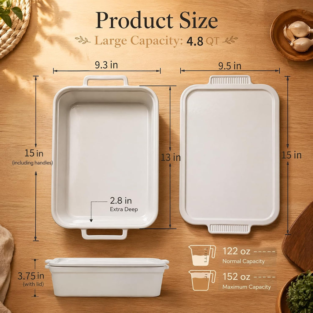 Ceramic Casserole Dish with Lid, 4.8 Qt Large Lasagna Pan Deep, Porcelain Dish for Oven, Rectangular Bakeware Set