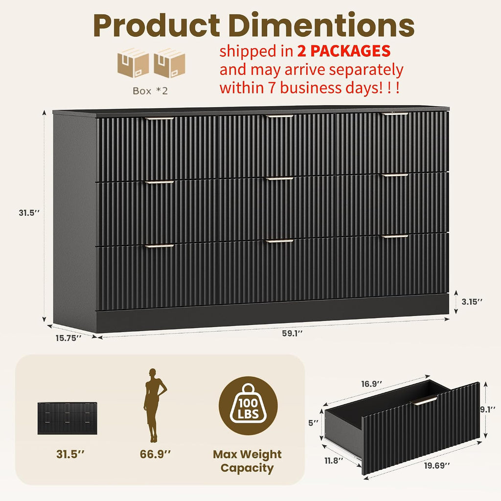 Fluted 9 Drawer Dresser , 59" Wide Wood Chest of Drawers with Metal Handle, Long Dresser Storage Organizer TV Stand