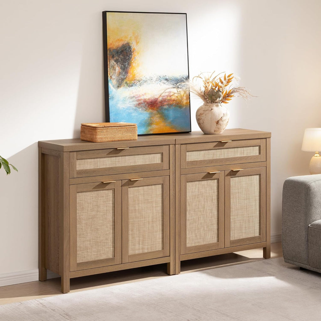 Sideboard Buffet Cabinet Set of 2, Rattan Credenza Storage Cabinet, Boho Buffet Table Console Cabinets with Drawer