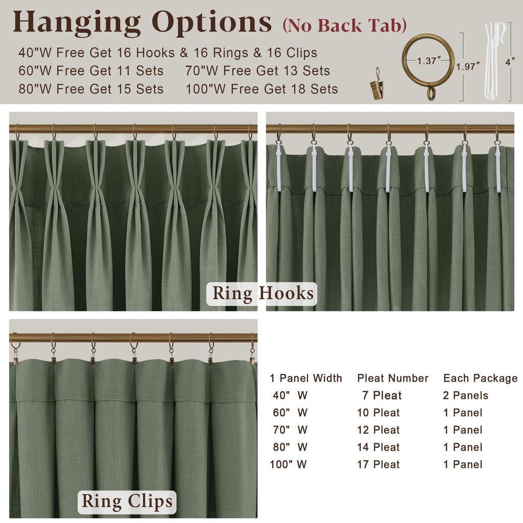 90 Inch Triple Pinch Pleated Linen Curtains 2 Panel Set Sage Green Linen Textured Drapes 90 Inches Long Pinch Pleat