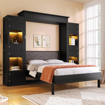 Queen Murphy Bed with Storage Shelf, Space Saving Hidden Wall Bed Cabinet with LED Lights, Foldable Murphy Beds with