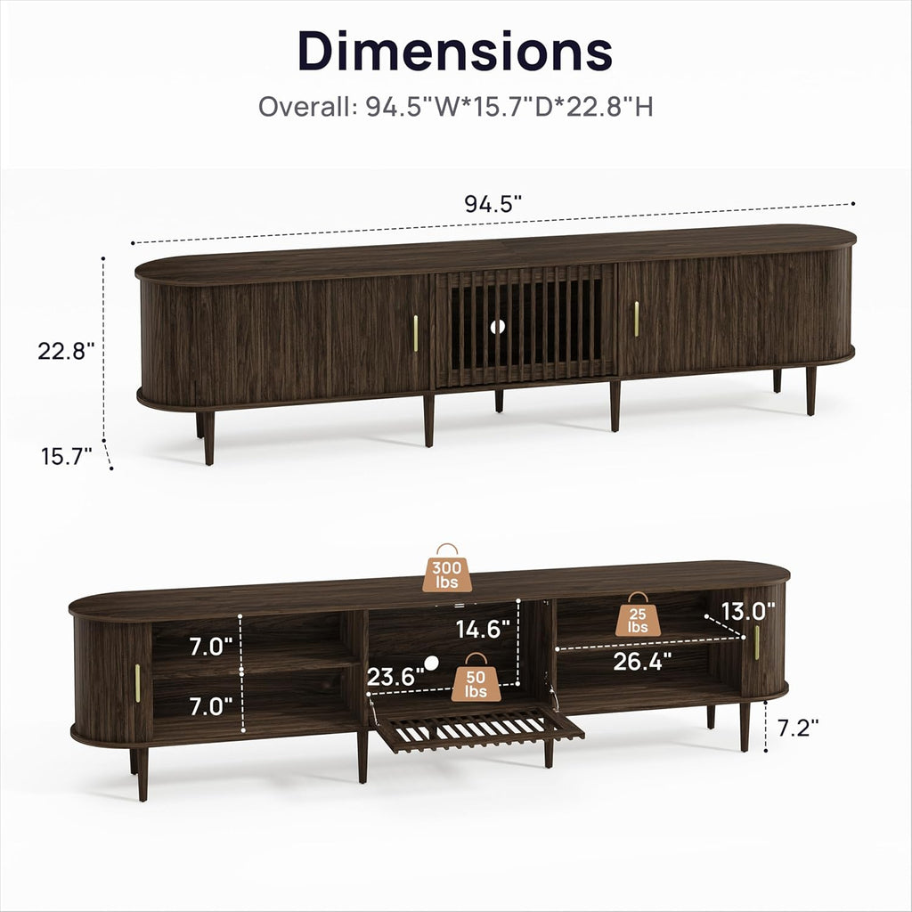 94.5" Fluted Mid Century Modern TV Stand for TVs Up to 80/85/86/90/98/100", Tambour Sliding Doors Entertainment