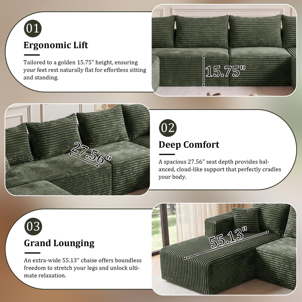 Boneless Couch U-Shaped Sectional Sofa with Left Facing Chaise 118''-Green