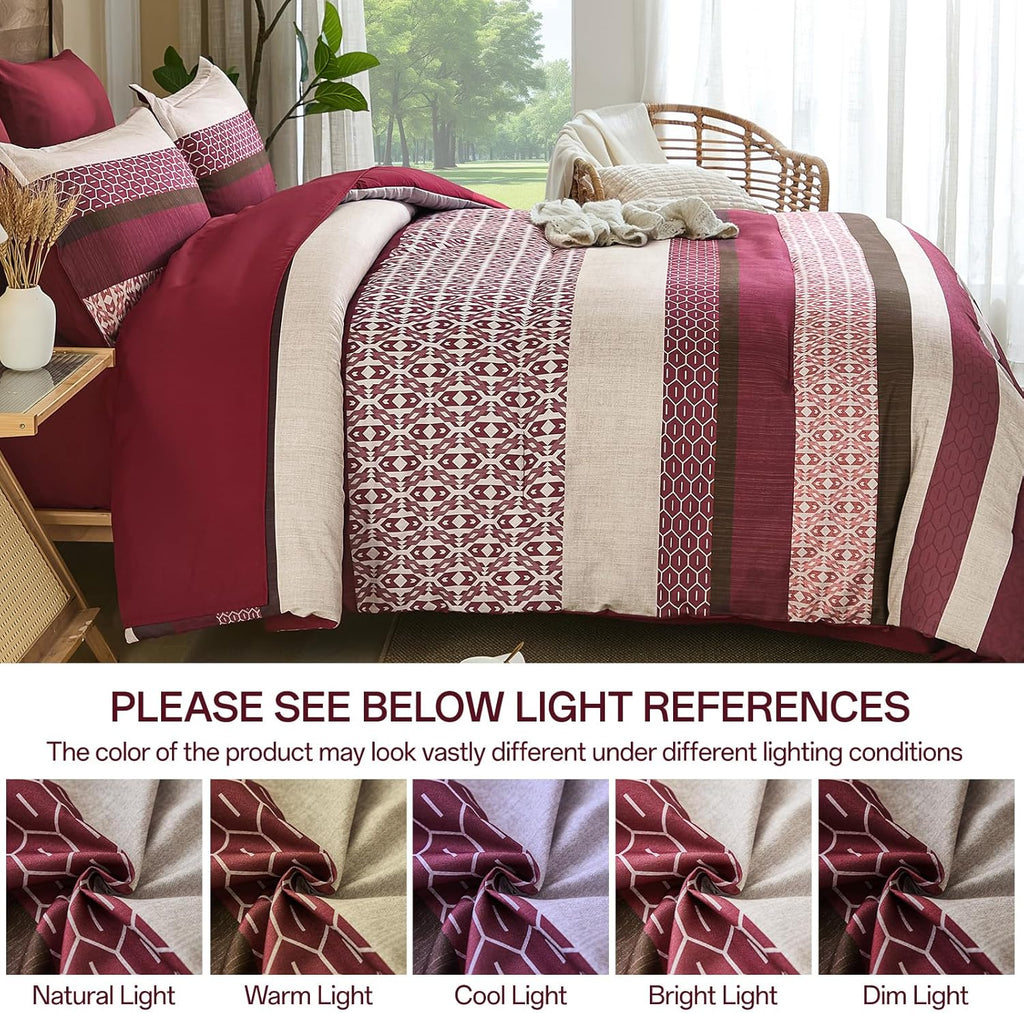 DJY Boho Comforter Set King,7 Pieces Bed in a Bag Burgundy Red Striped Bedding Sets,Patchwork Soft Microfiber Bedding