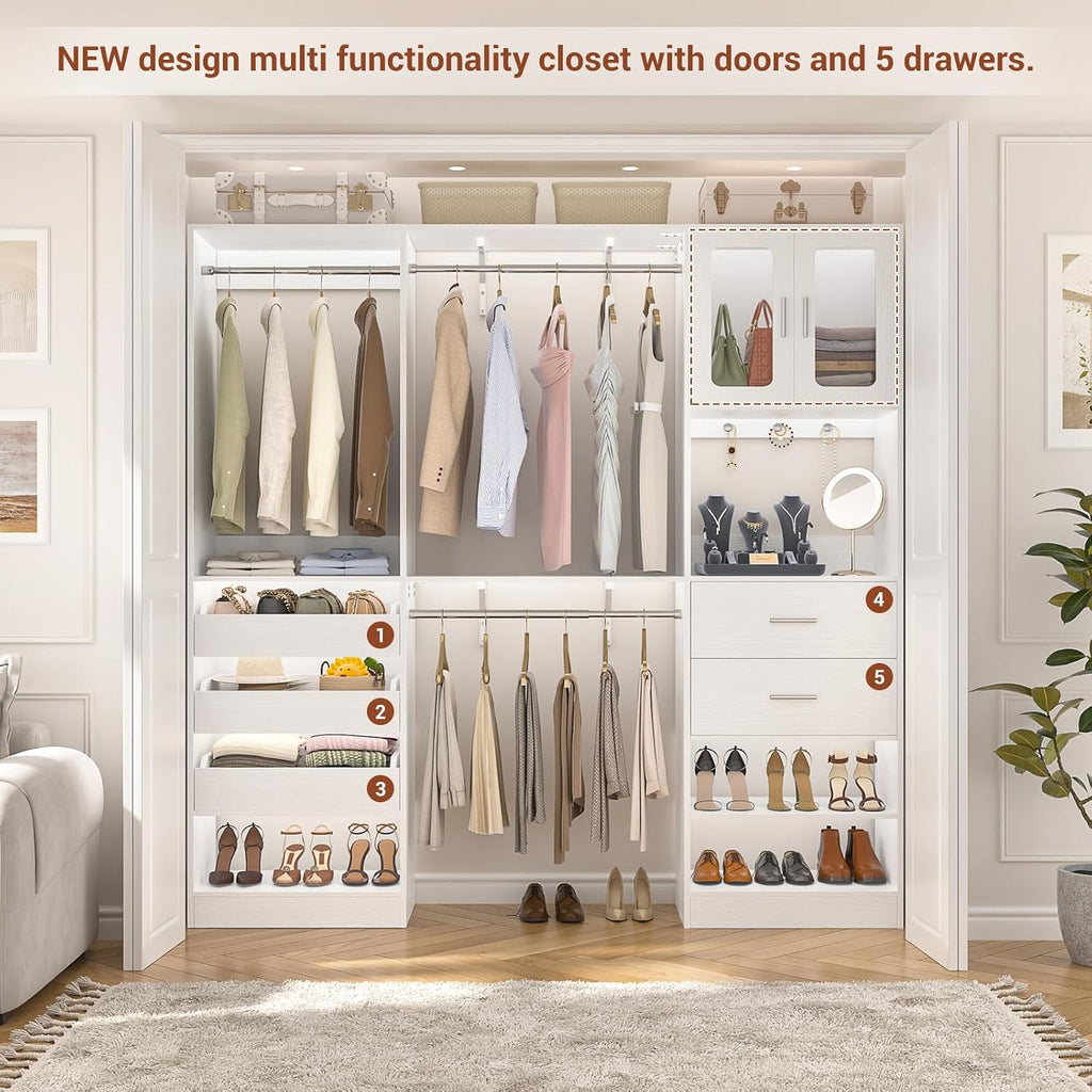 6.7FT-10FT Closet System Set with Half-Open Drawers, 80.5''-120" Wooden Modular Wardrobe Set with Shelving Towers