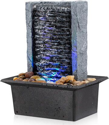 Tabletop Fountain Indoor Waterfall Rock Fountain LED-Lights Water Feature Waterfall for Modern Home and Office Indoor