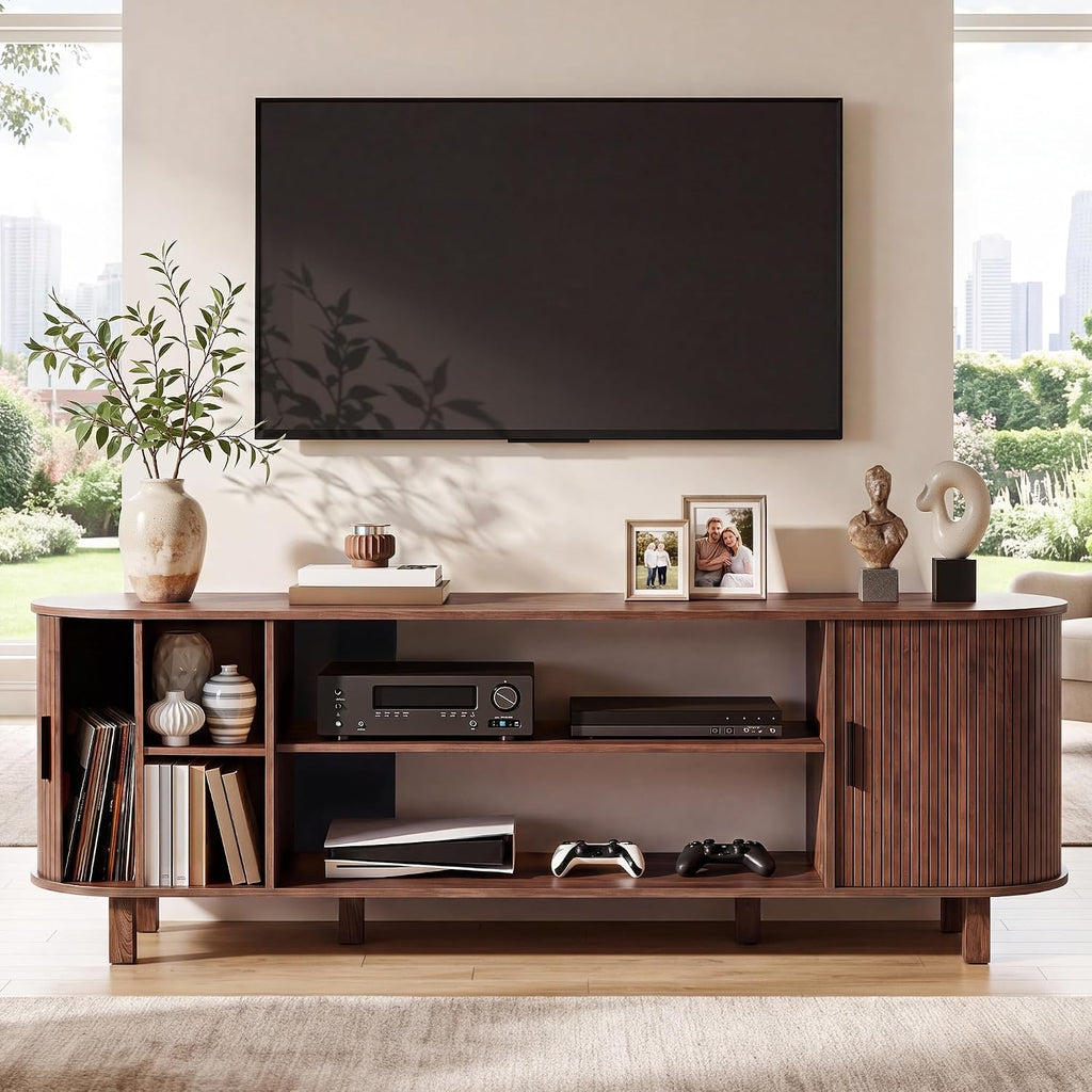 Mid Century Modern TV Stand, 70 inch Entertainment Center with Storage and Fluted Sliding Doors, Adjustable Shelves