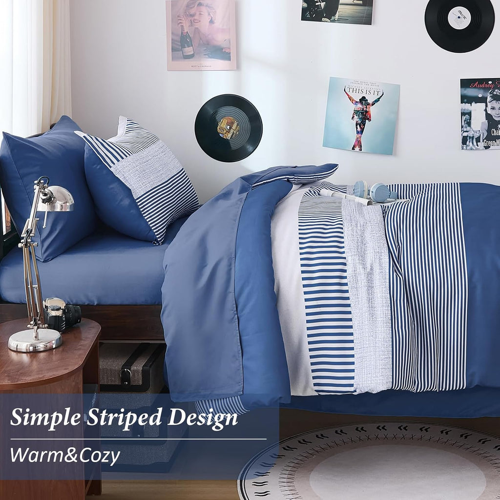 Comforter Navy Blue Striped Comforters for Boys&Girls,5 Pieces Bed in A Bag Simple Neutral-Style Bedding Sets