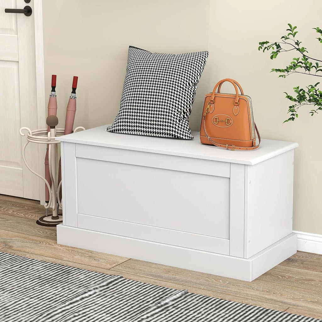 35.5-inch Wooden Storage Bench, Lift Top Storage Box (White) | Large Storage Chest | Farmhouse Storage Trunk | Metal