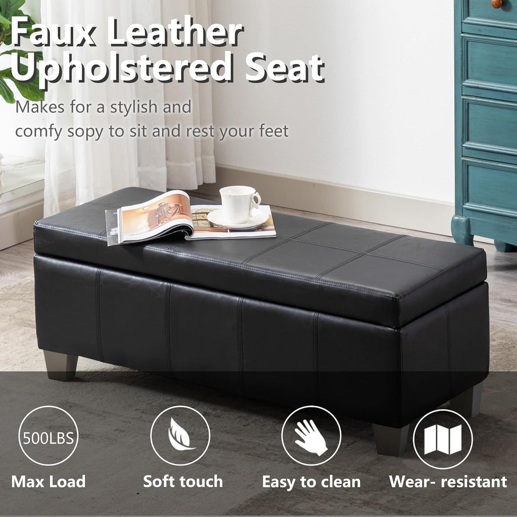 41" Storage Ottoman, Storage Bench with Safety Hinge, Upholstered Synthetic Leather Ottoman Bench , Foot Rest