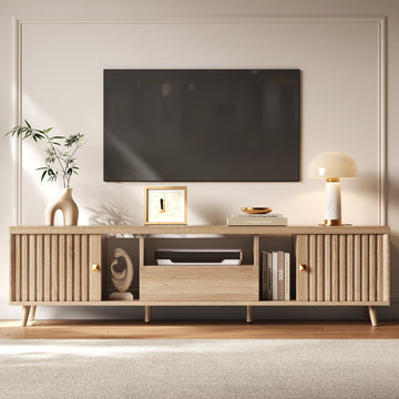 70" Mid Century Modern TV Stand with Power Outlet, Fluted Wood Entertainment Center Media Console with Storage, Doors