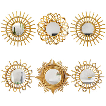 6 Pcs Sunburst Round Mirror for Wall Decor, Elegant, Gold