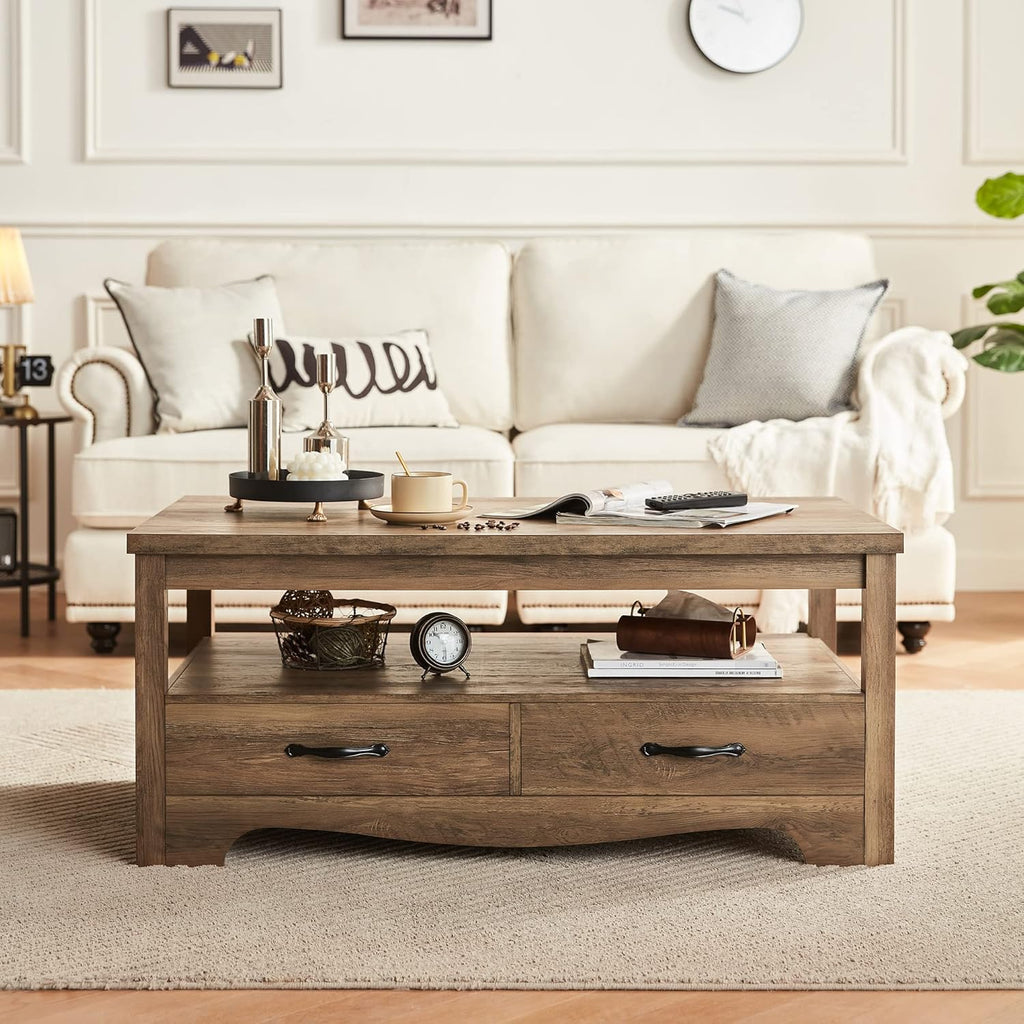 Farmhouse Coffee Table, Rectangle Coffee Table with Drawers, Rustic Wooden Coffee Tables with Storage, Center Table