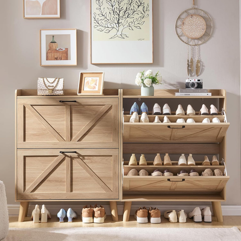 Shoe Cabinet Storage with 2 Flip Drawers Rack Narrow Organizer Slim Hidden Wood Shoe Cabinet Furniture Natural